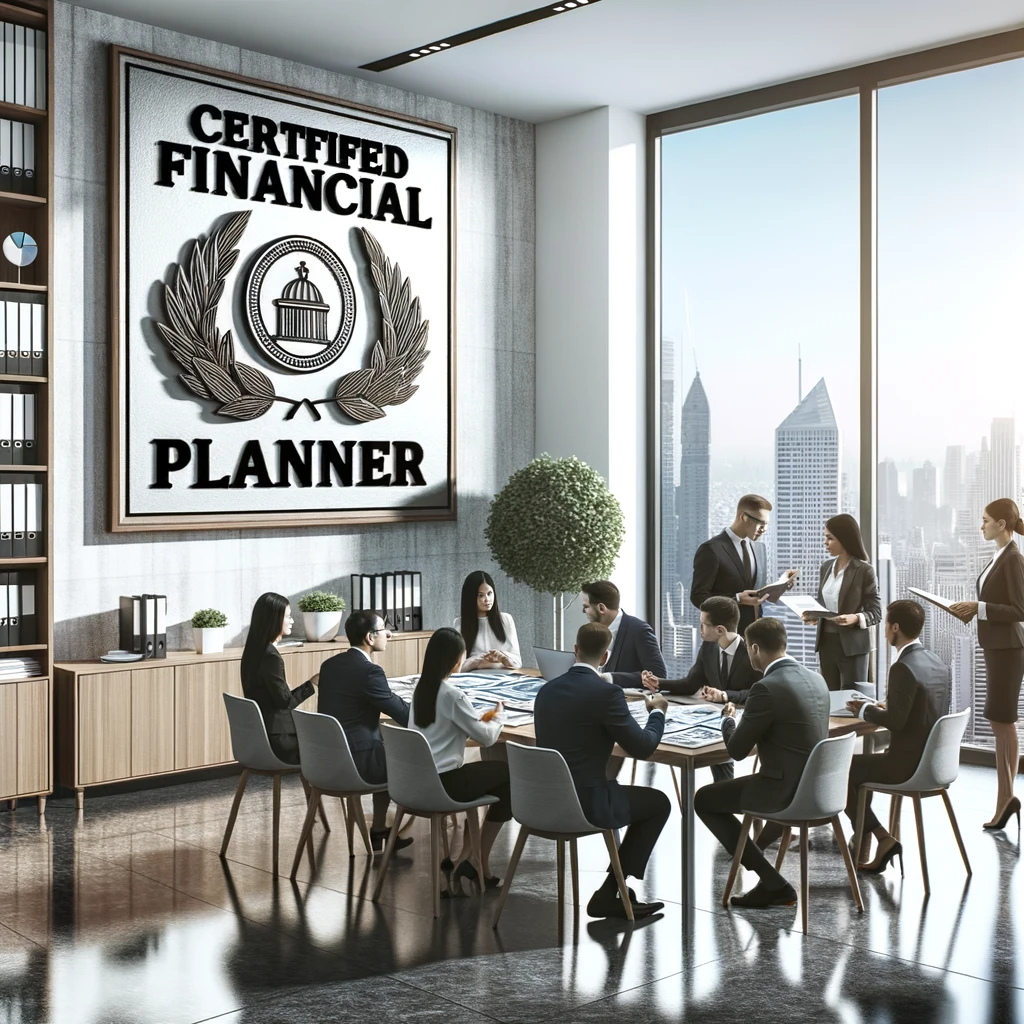Diverse group of financial planners discussing strategies in a professional office, with a 'Certified Financial Planner' plaque on the wall. A cityscape is visible through a large window, symbolizing growth and financial opportunity.