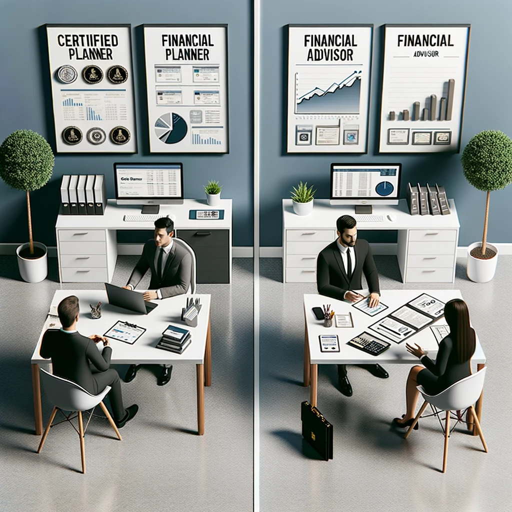 Financial professionals in a modern office space with "Certified Planner" and "Financial Advisor" signs on the wall.