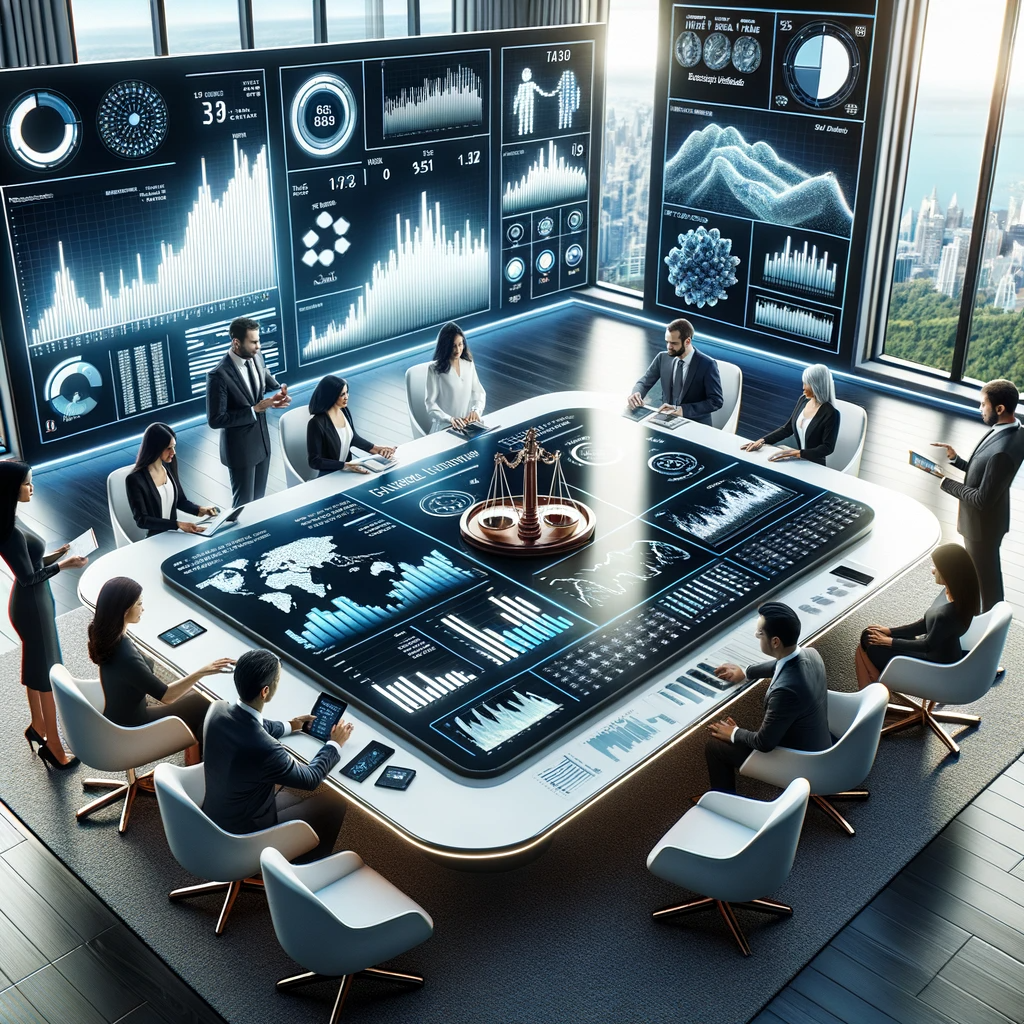 Diverse group of financial analysts and advisors gathered around an advanced digital table displaying global financial data, charts, and a symbolic scale, discussing portfolio rebalancing strategies.