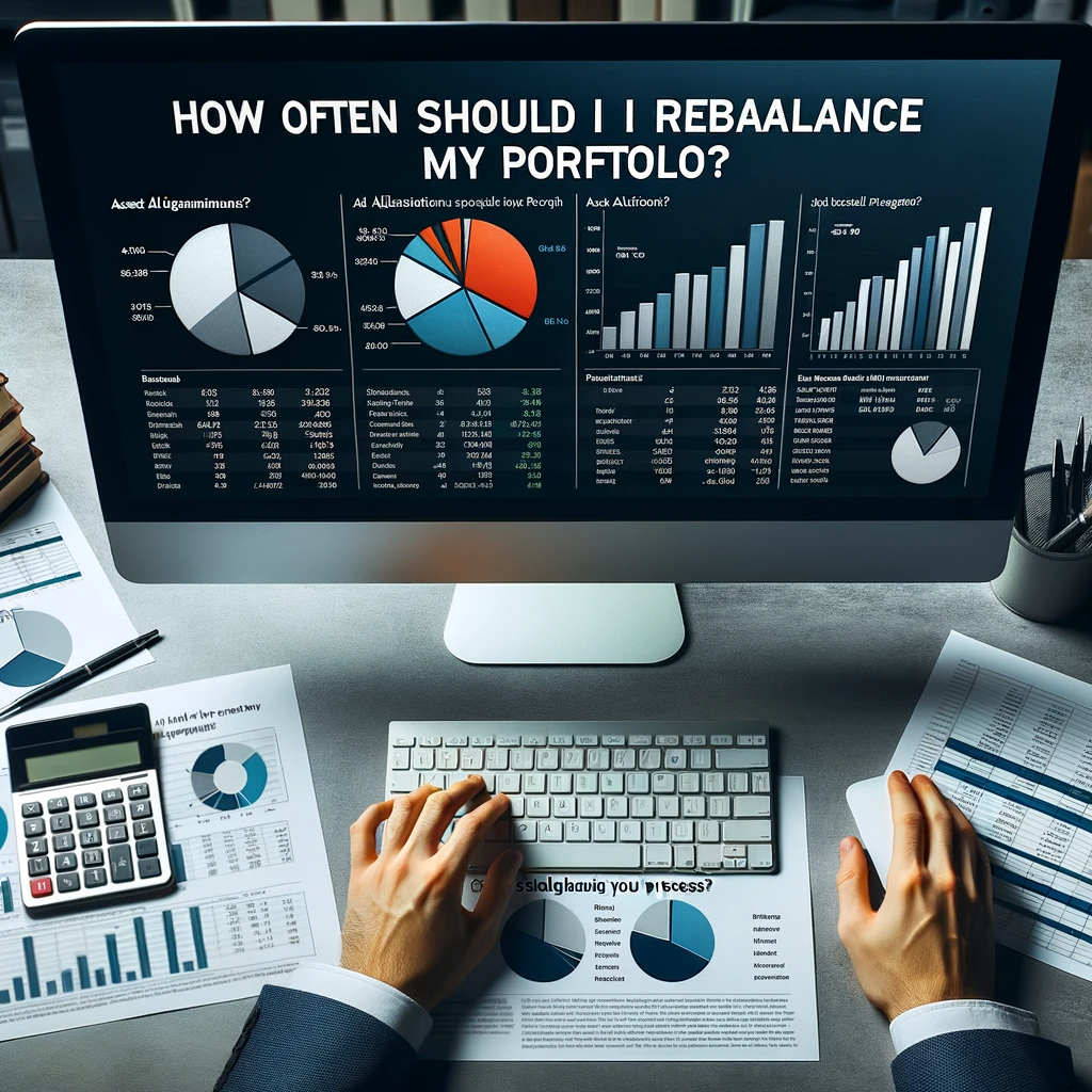Financial expert analyzing asset allocations on a computer with graphs and a calculator on the table, with the title "How Often Should I Rebalance My Portfolio?
