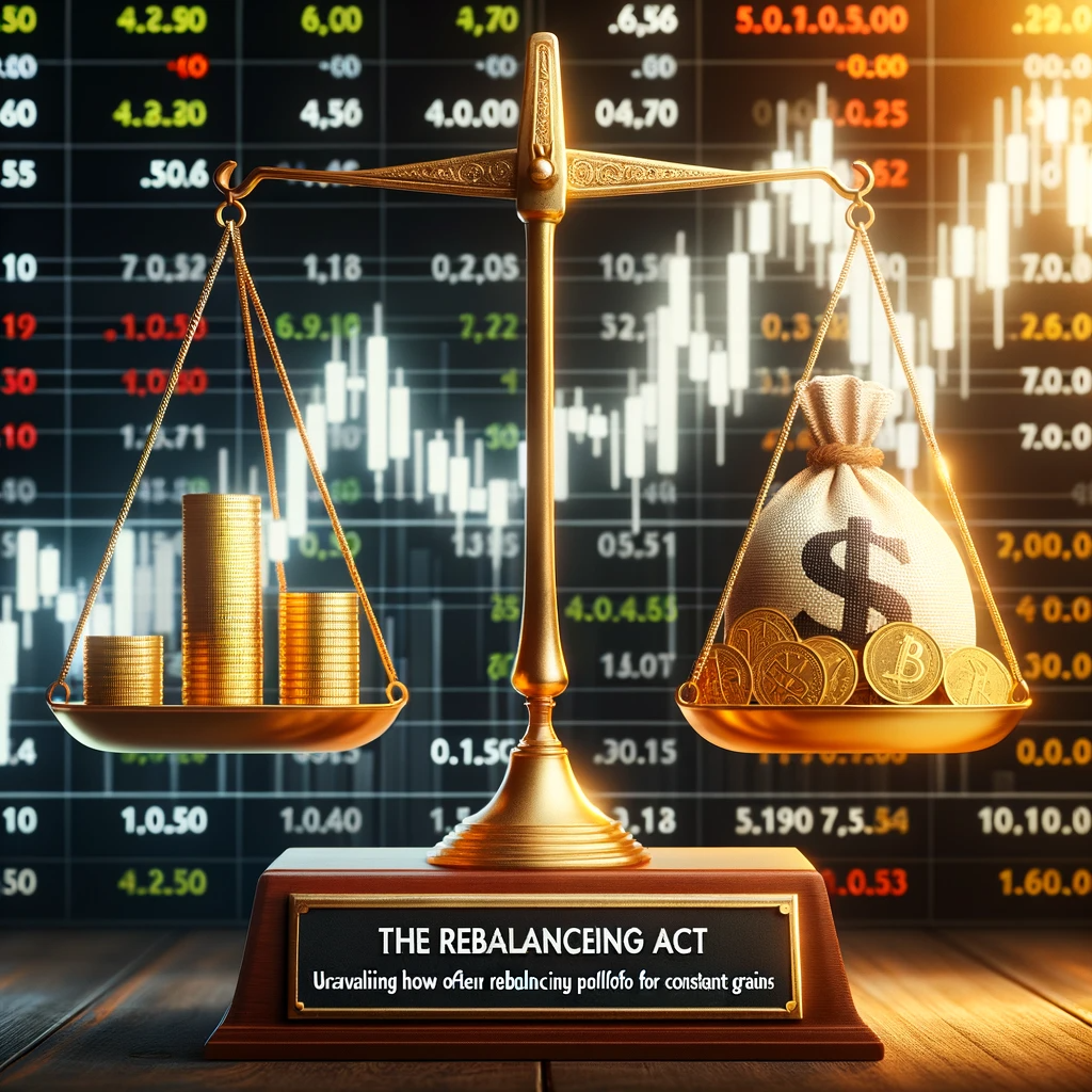 A balanced scale with golden coins on one side and an upward trend chart on the other against a stock market ticker backdrop.