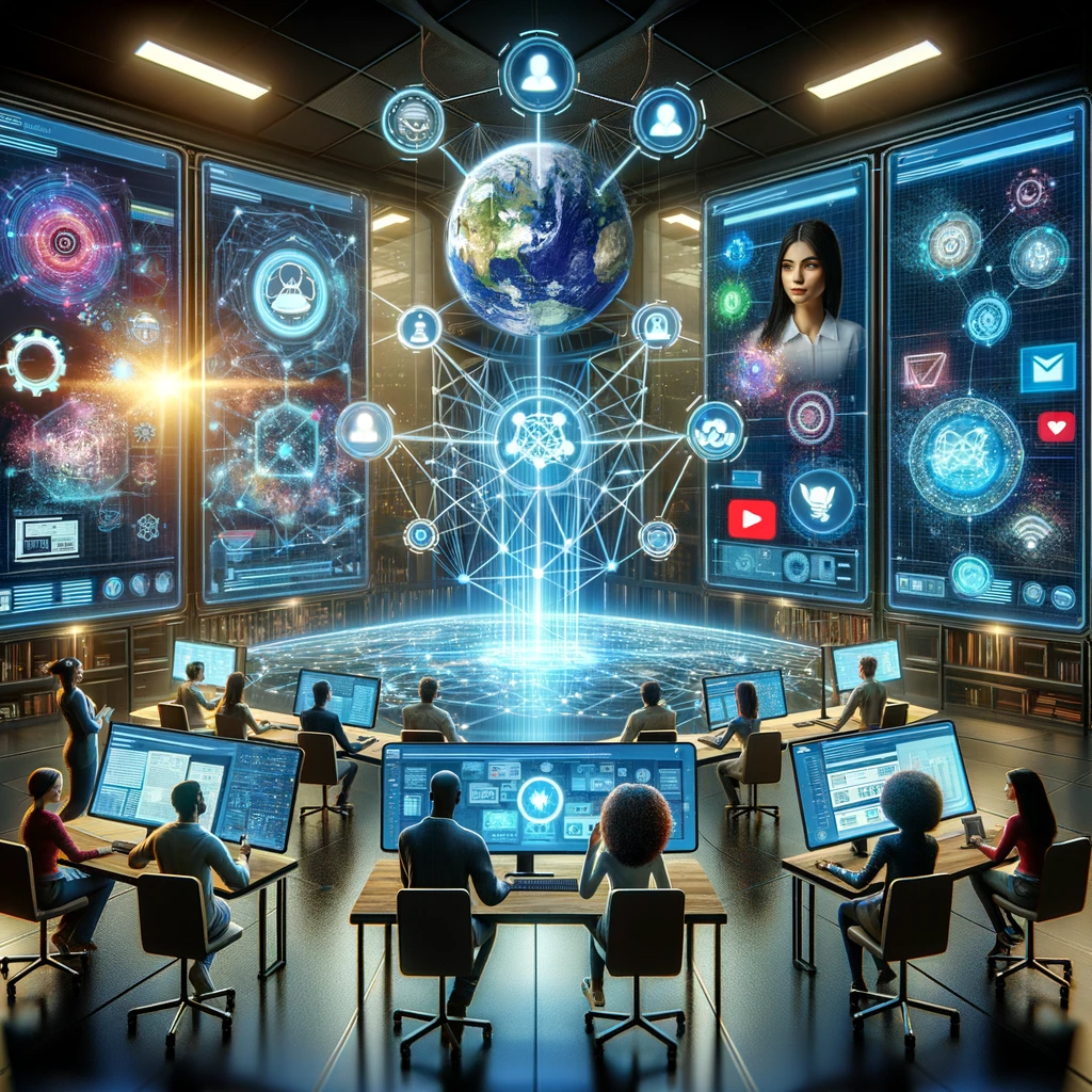 A diverse team navigates the interconnected Avatarne digital ecosystem through futuristic interfaces.