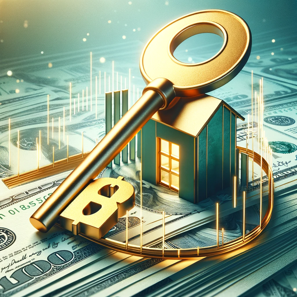 A golden key and a house-shaped lock on a background of dollar bills, representing the selling of a mortgage note.