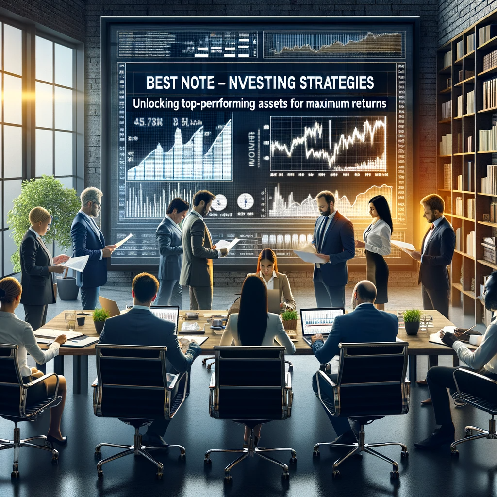 A diverse group of finance professionals strategizing around a conference table with a monitor displaying graphs of successful note investments.