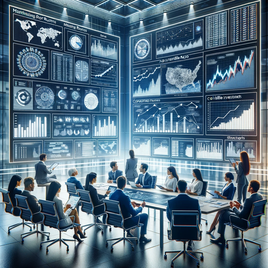 A group of diverse financial professionals analyzing convertible note investment strategies in a modern office with a screen showing financial models.