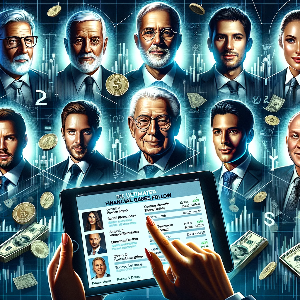 Collage of top financial gurus with a digital tablet displaying a list of 'Ultimate Financial Gurus to Follow', set against a finance-themed background.
