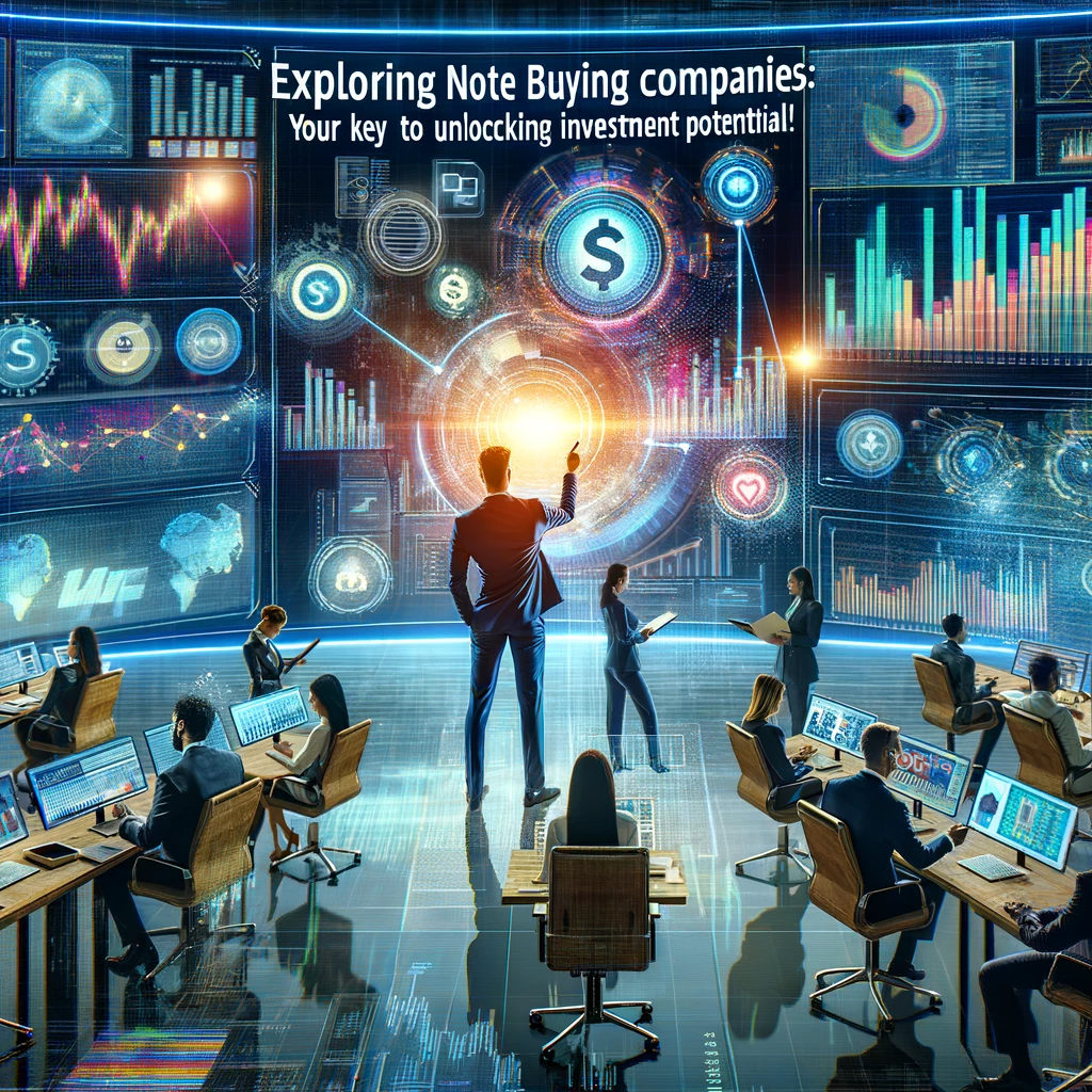 Diverse professionals in a dynamic office setting, analyzing data and strategies on note buying companies, with a central business person pointing at a screen displaying investment insights.