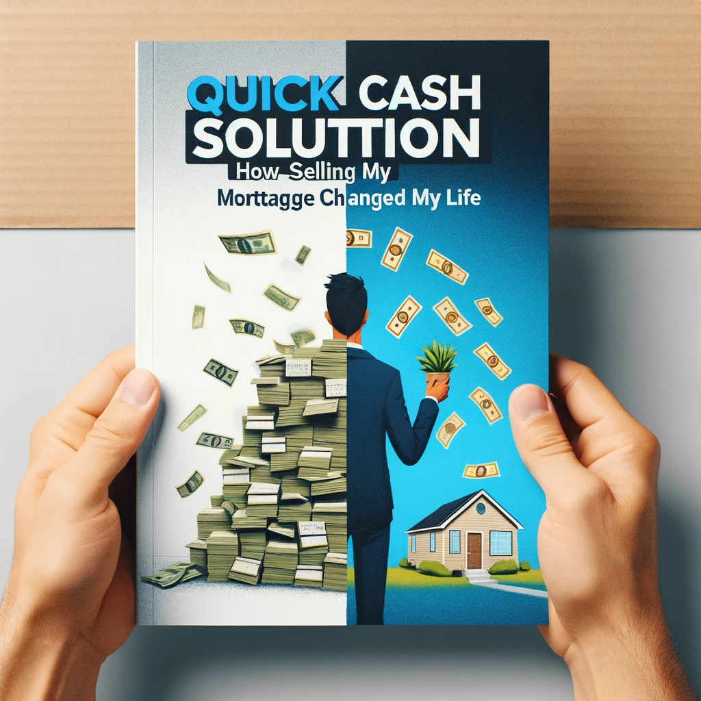Book cover depicting a transition from financial stress to security, titled 'Quick Cash Solution: How Selling My Mortgage Note Changed My Life'.