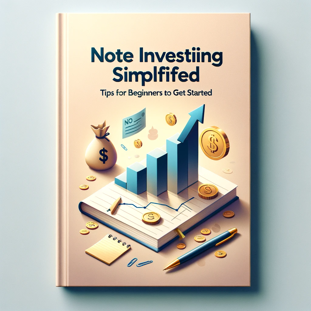 Book cover featuring financial growth imagery and a notepad, titled 'Note Investing Simplified: Tips for Beginners to Get Started'.