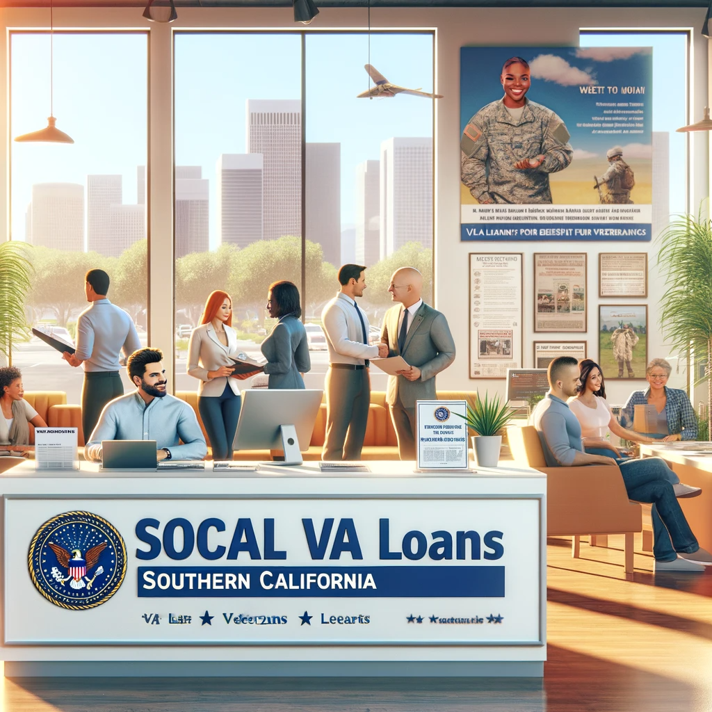 Sunny Southern California office of a VA loans provider with diverse staff assisting veterans.